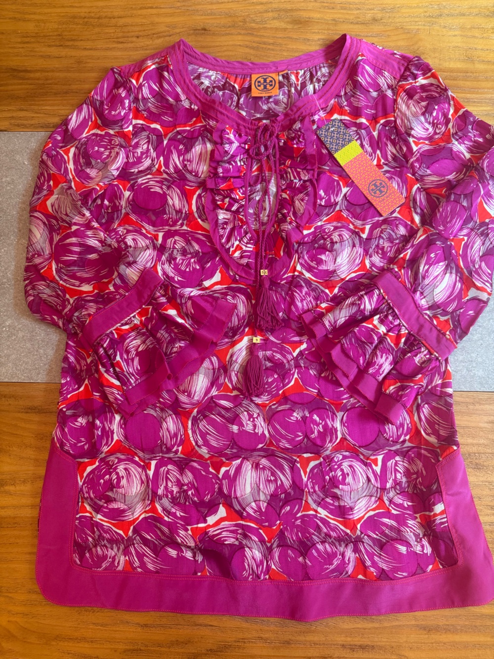 Tory Burch Gwenna Wild Orchid Silk Tunic Top Size 12 - Picture 4 of 16
